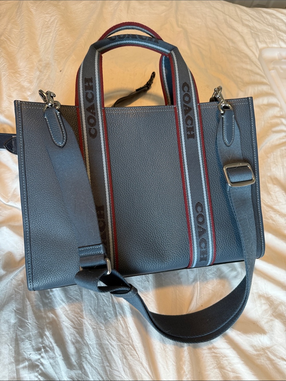 Coach Navy Leather Bag with Branded Web Straps - Picture 2 of 5